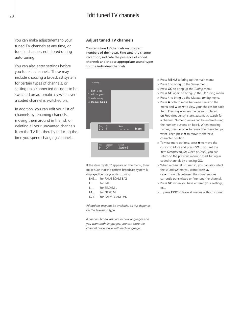 Edit tuned tv channels, Adjust tuned tv channels | Bang & Olufsen BeoVision 4-37/44 - User Guide User Manual | Page 28 / 44