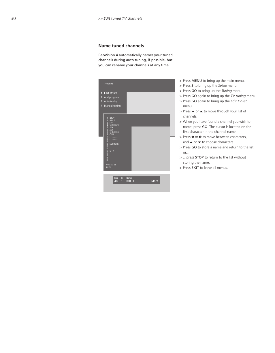 Name tuned channels | Bang & Olufsen BeoVision 4-37/44 - User Guide User Manual | Page 30 / 44