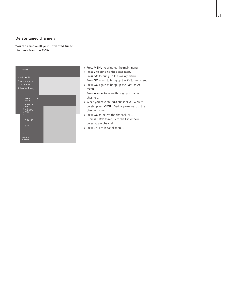 Delete tuned channels | Bang & Olufsen BeoVision 4-37/44 - User Guide User Manual | Page 31 / 44