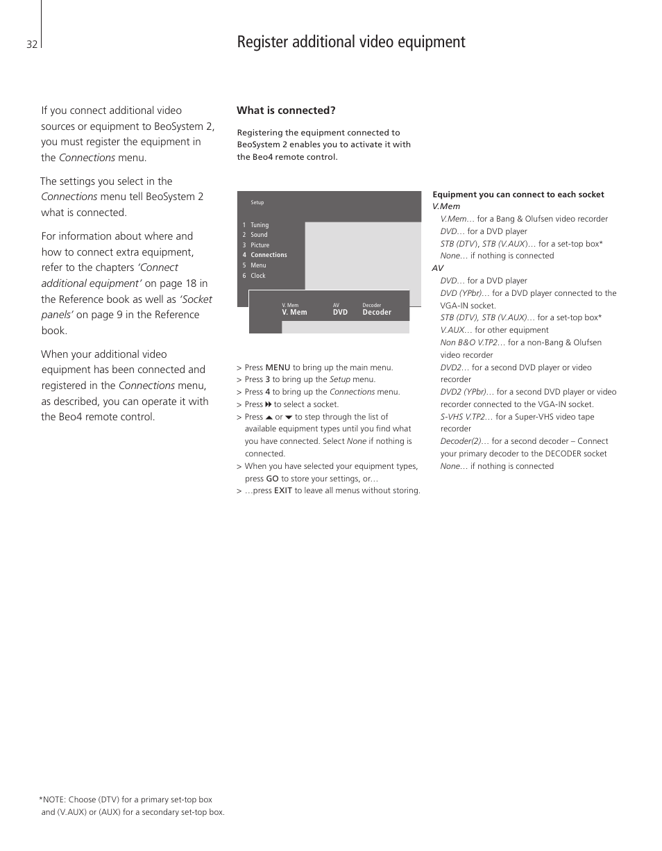 Register additional video equipment, What is connected | Bang & Olufsen BeoVision 4-37/44 - User Guide User Manual | Page 32 / 44