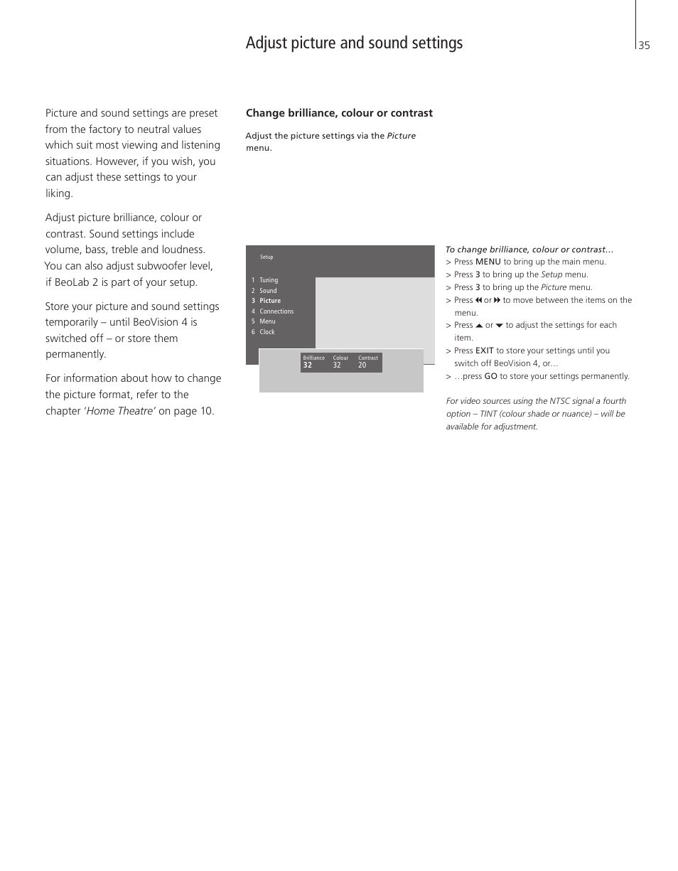 Adjust picture and sound settings, Change brilliance, colour or contrast | Bang & Olufsen BeoVision 4-37/44 - User Guide User Manual | Page 35 / 44