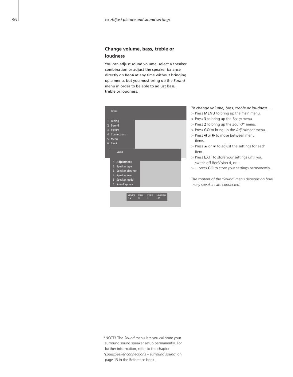 Change volume, bass, treble or loudness | Bang & Olufsen BeoVision 4-37/44 - User Guide User Manual | Page 36 / 44