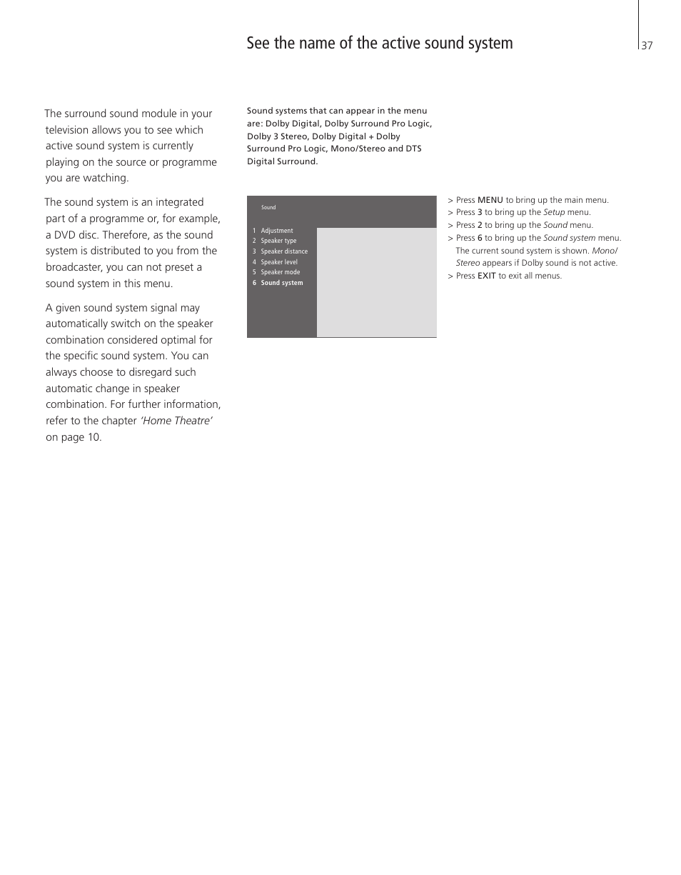 See the name of the active sound system | Bang & Olufsen BeoVision 4-37/44 - User Guide User Manual | Page 37 / 44