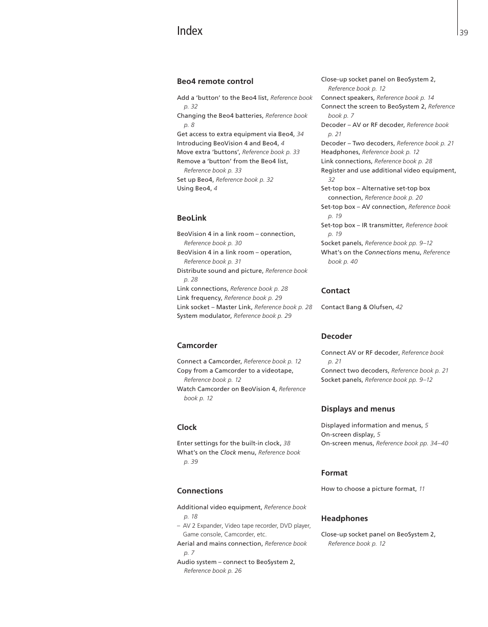 Index | Bang & Olufsen BeoVision 4-37/44 - User Guide User Manual | Page 39 / 44