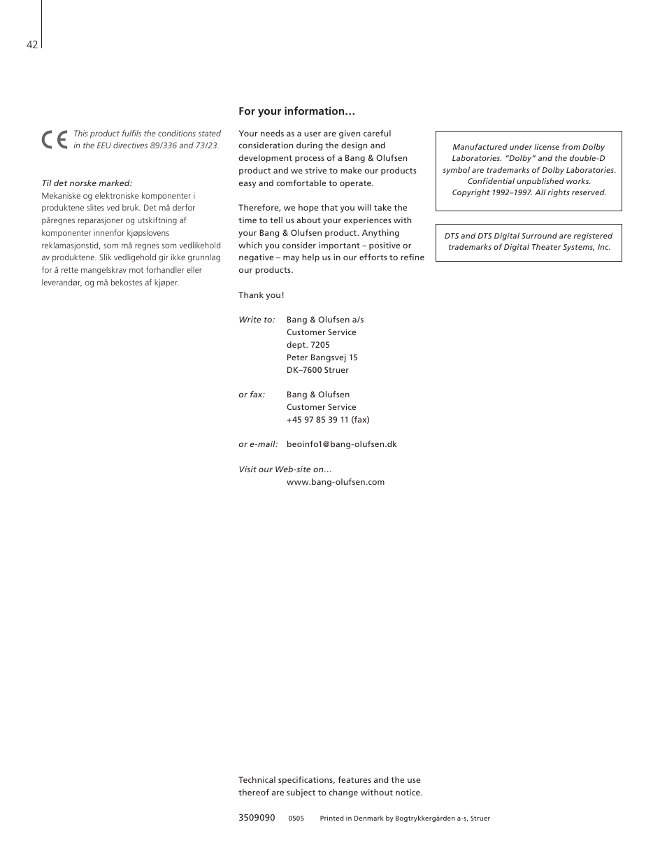 For your information | Bang & Olufsen BeoVision 4-37/44 - User Guide User Manual | Page 42 / 44