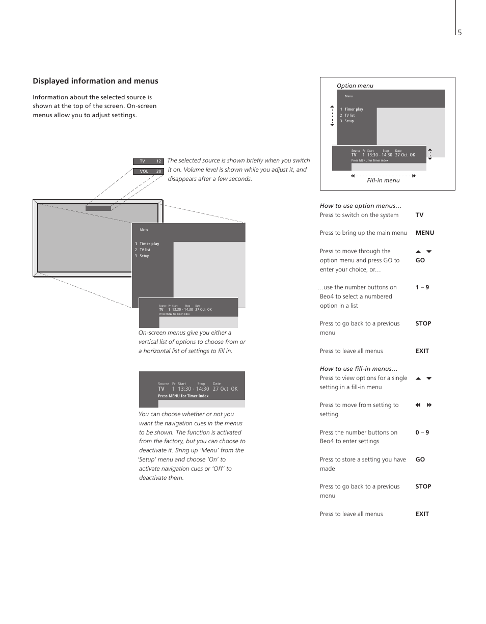 Displayed information and menus | Bang & Olufsen BeoVision 4-37/44 - User Guide User Manual | Page 5 / 44