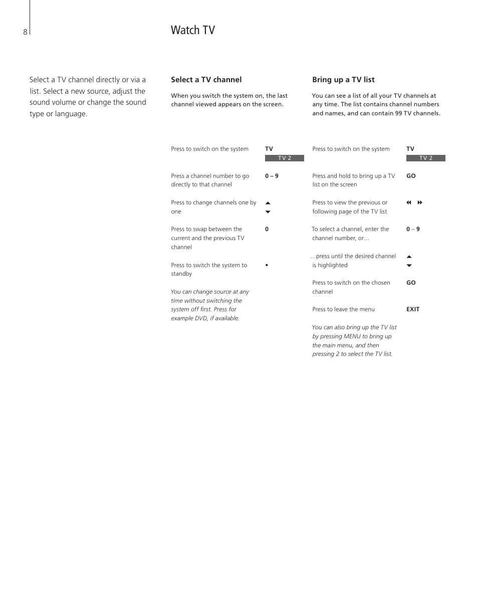 Watch tv, Select a tv channel, Bring up a tv list | Bang & Olufsen BeoVision 4-37/44 - User Guide User Manual | Page 8 / 44