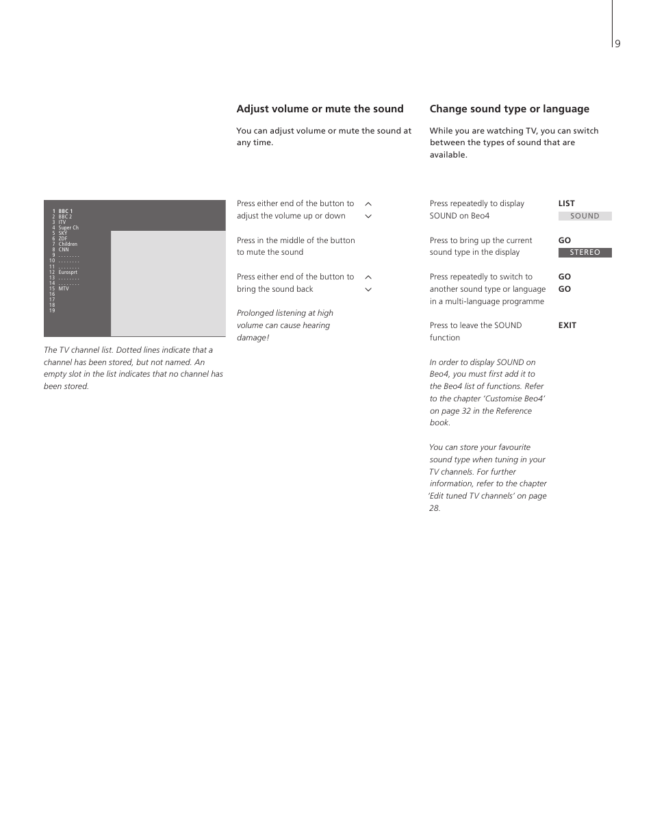 Adjust volume or mute the sound, Change sound type or language | Bang & Olufsen BeoVision 4-37/44 - User Guide User Manual | Page 9 / 44