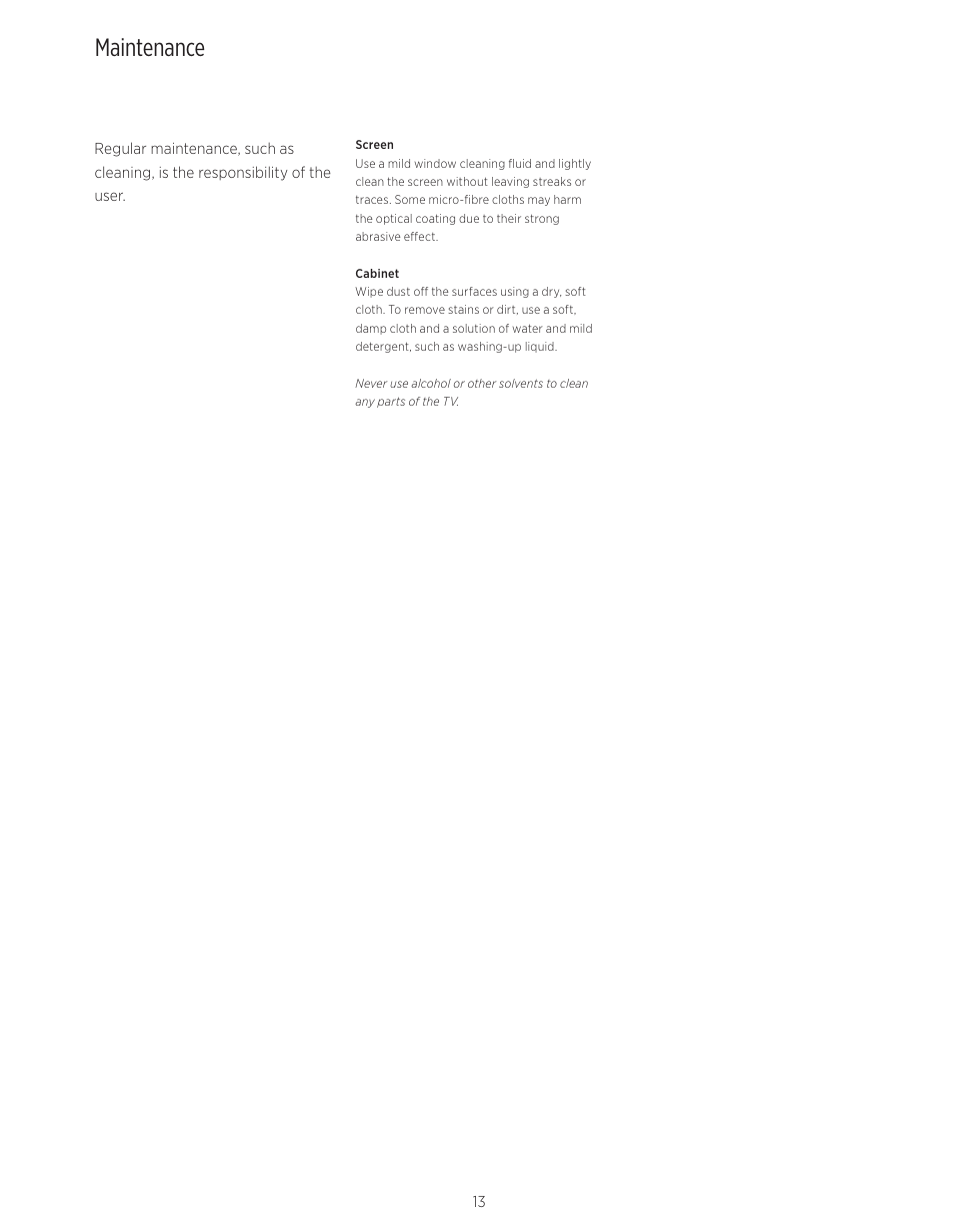 Maintenance | Bang & Olufsen BeoVision Avant - User Guide User Manual | Page 13 / 82