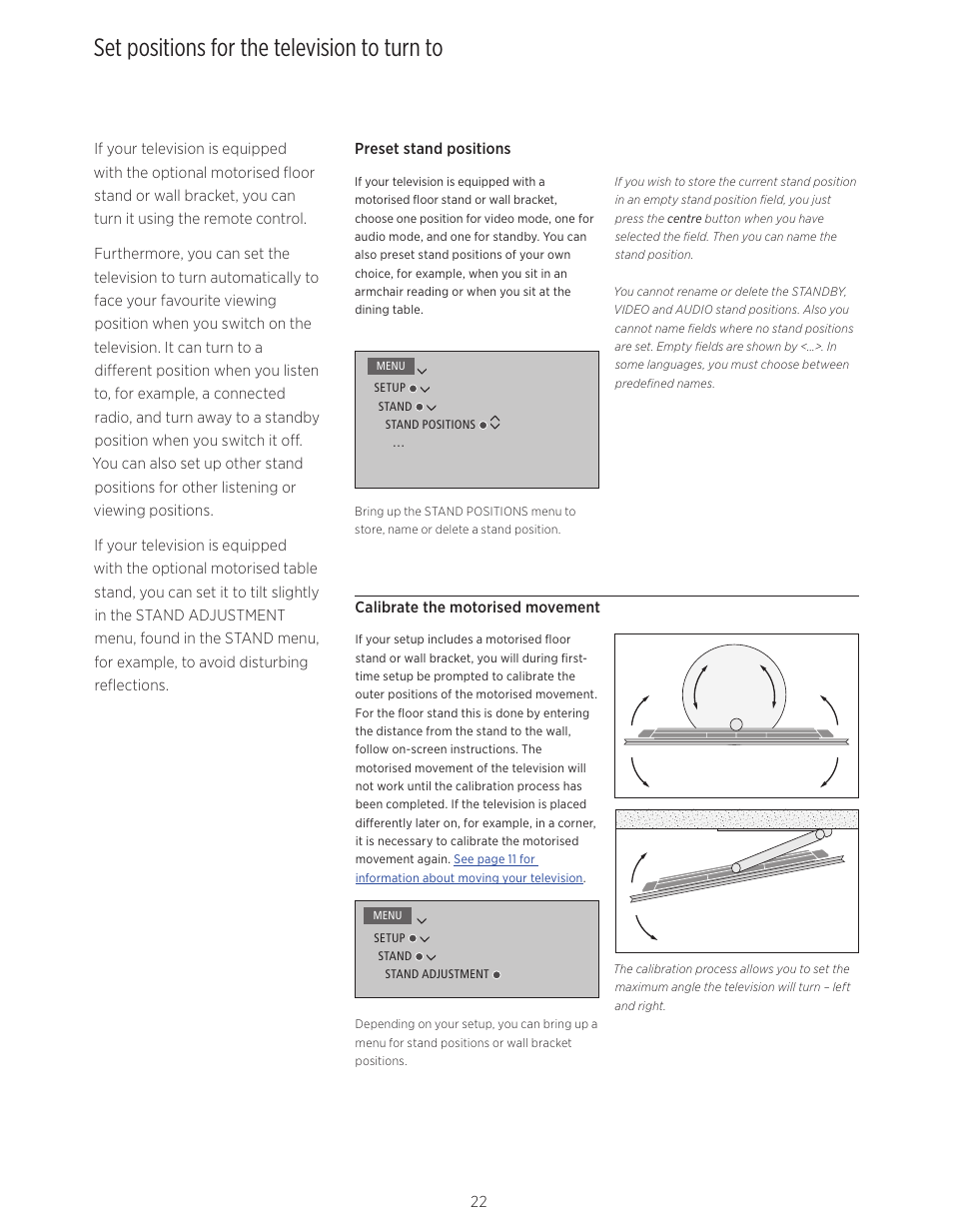 Set positions for the television to turn to, Stand or wall bracket | Bang & Olufsen BeoVision Avant - User Guide User Manual | Page 22 / 82