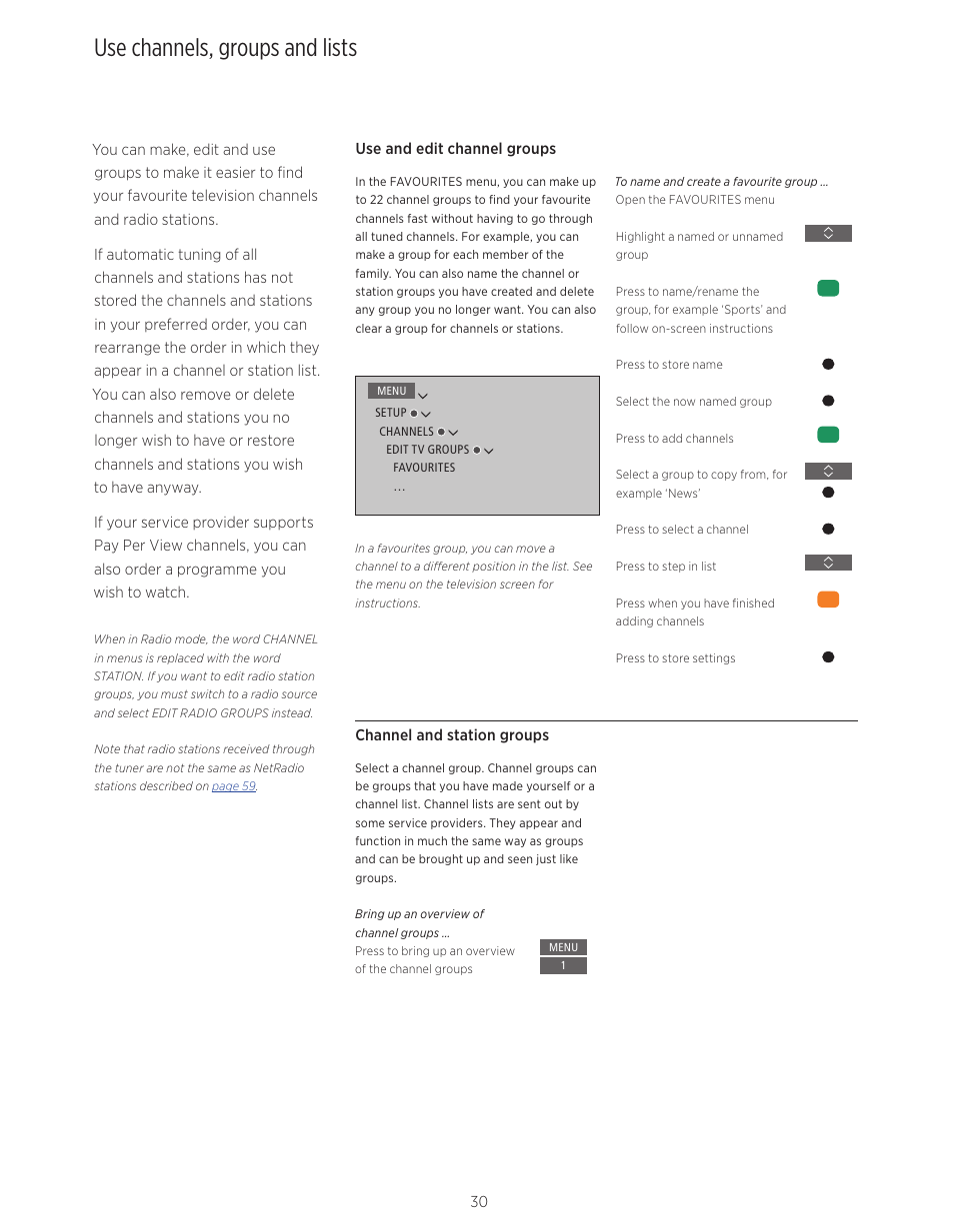 Use channels, groups and lists | Bang & Olufsen BeoVision Avant - User Guide User Manual | Page 30 / 82