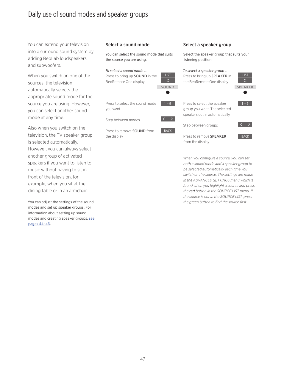 Daily use of sound modes and speaker groups | Bang & Olufsen BeoVision Avant - User Guide User Manual | Page 47 / 82