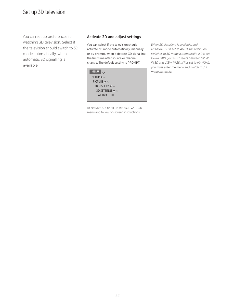 Set up 3d television | Bang & Olufsen BeoVision Avant - User Guide User Manual | Page 52 / 82