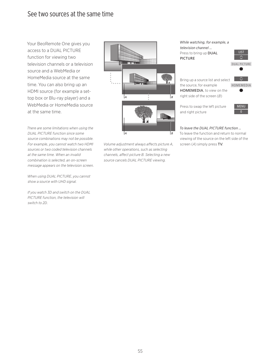 See two sources at the same time | Bang & Olufsen BeoVision Avant - User Guide User Manual | Page 55 / 82