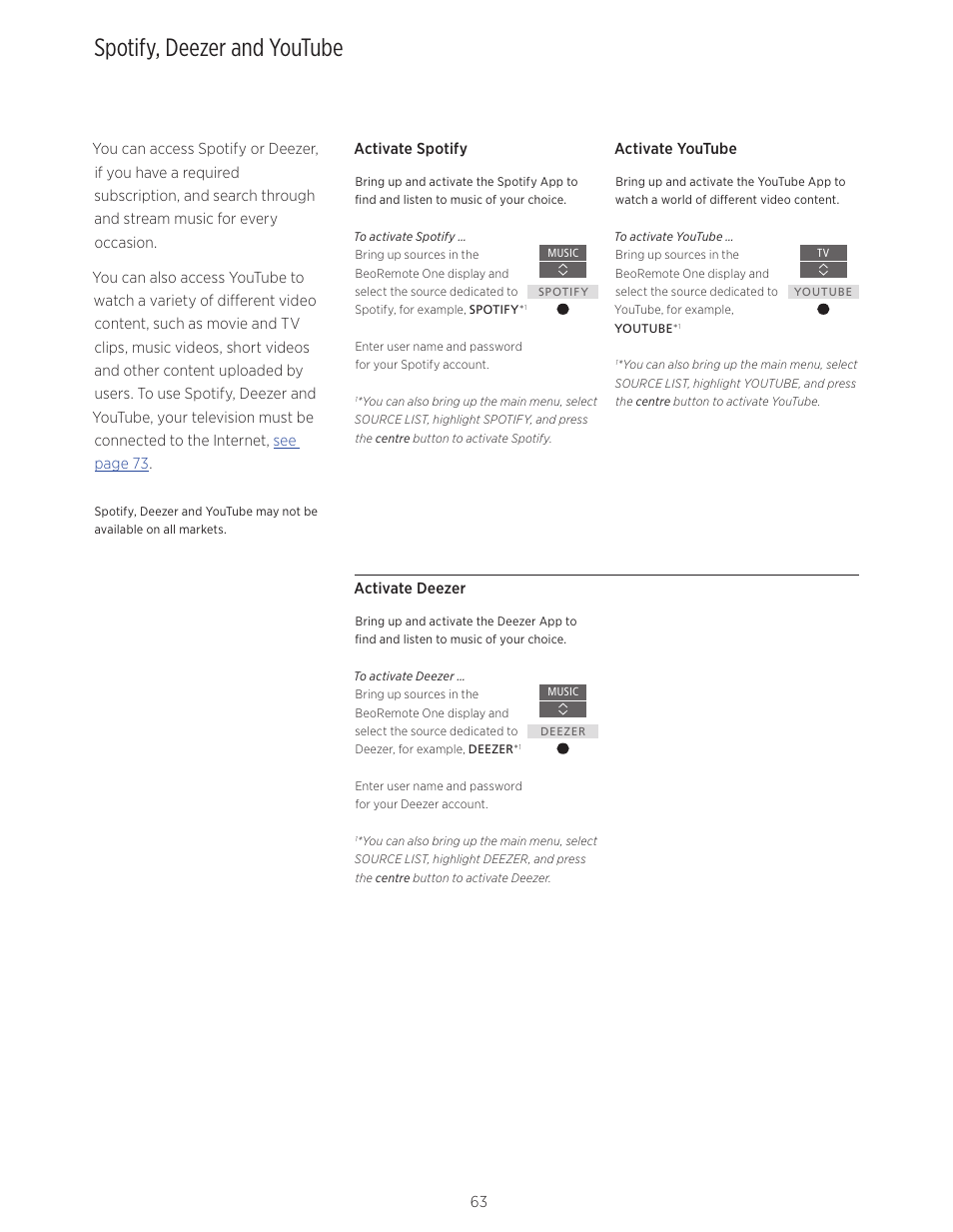 Spotify, deezer and youtube, Spotify, deezer and youtube, 63, Access spotify, deezer and youtube through | Bang & Olufsen BeoVision Avant - User Guide User Manual | Page 63 / 82
