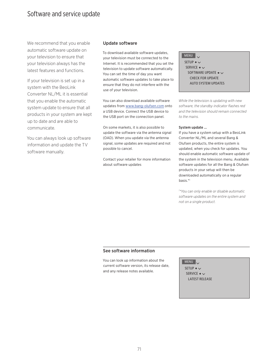 Software and service update | Bang & Olufsen BeoVision Avant - User Guide User Manual | Page 71 / 82