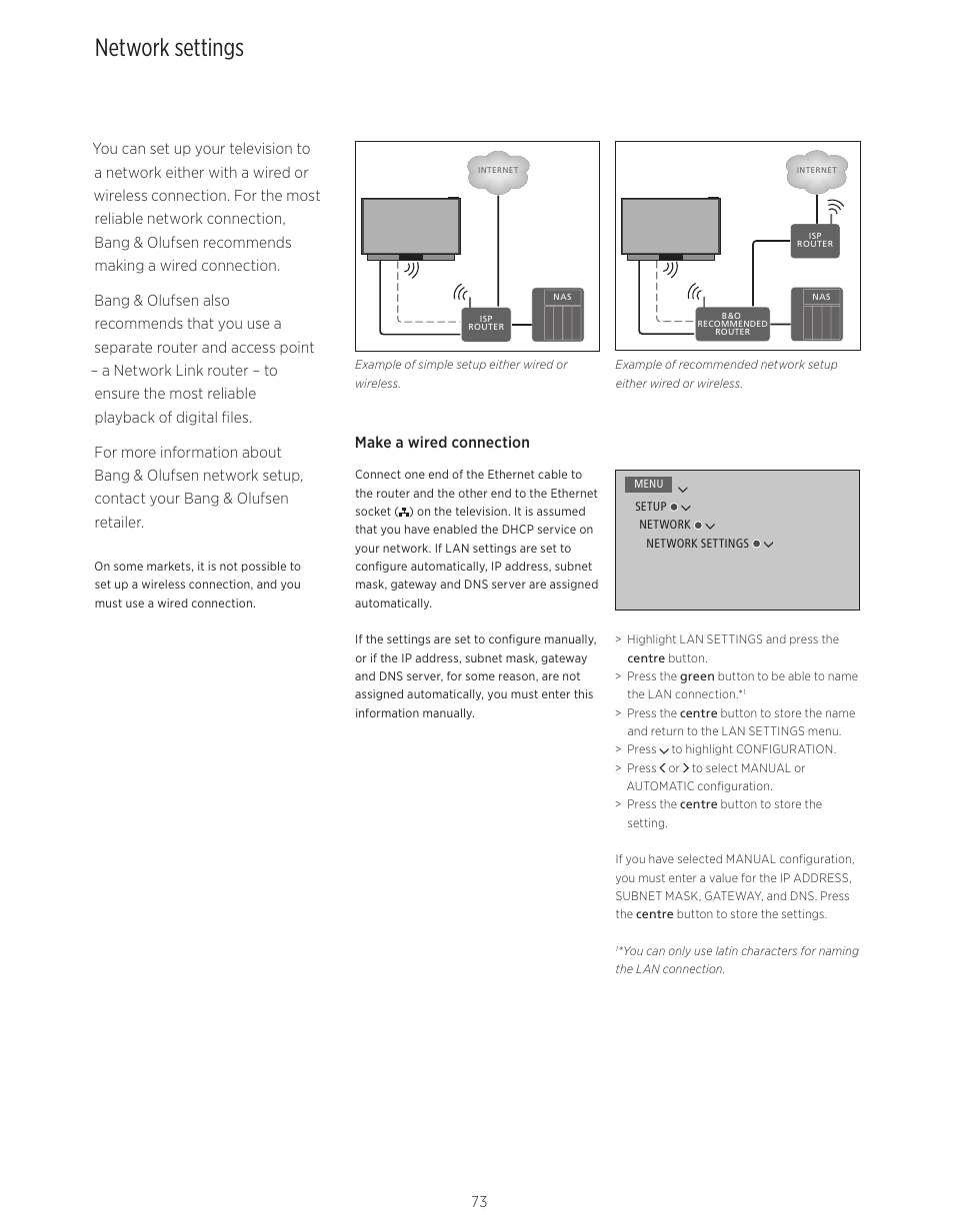 Network settings, You to access different sources such as | Bang & Olufsen BeoVision Avant - User Guide User Manual | Page 73 / 82