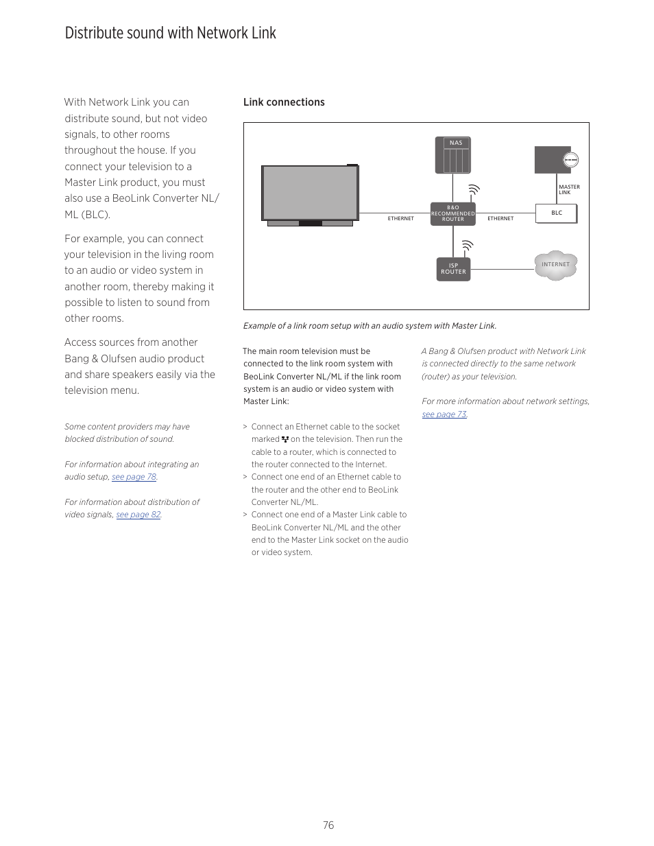 Distribute sound with network link | Bang & Olufsen BeoVision Avant - User Guide User Manual | Page 76 / 82