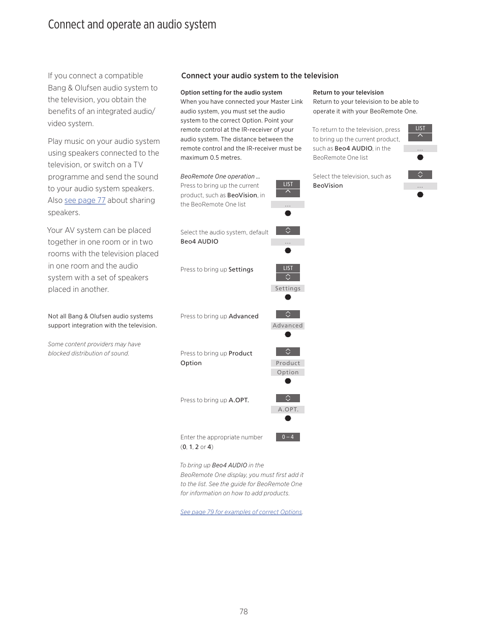 Connect and operate an audio system | Bang & Olufsen BeoVision Avant - User Guide User Manual | Page 78 / 82
