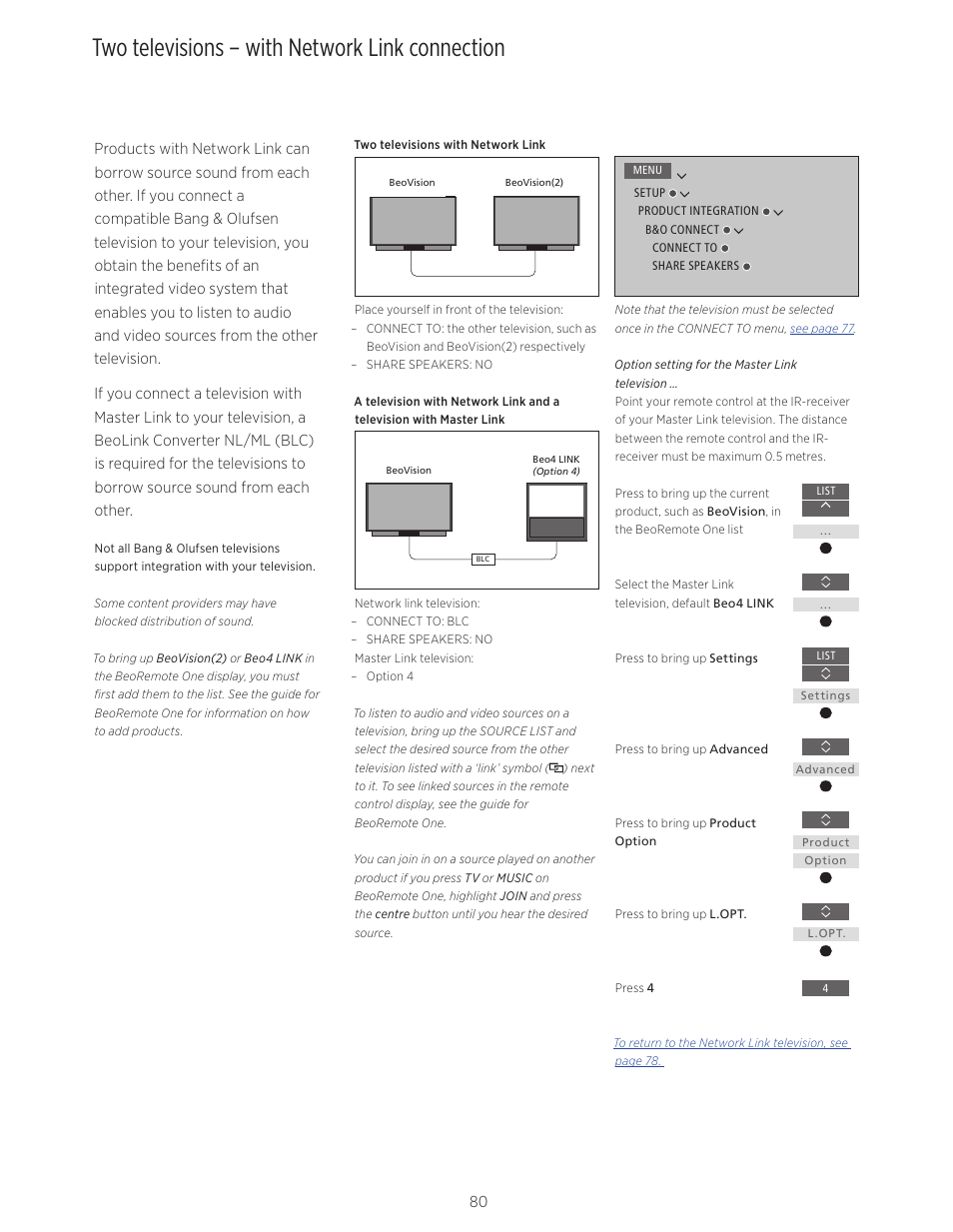 Two televisions – with network link connection, Two televisions – with network link, Connection, 80 | And 80 | Bang & Olufsen BeoVision Avant - User Guide User Manual | Page 80 / 82