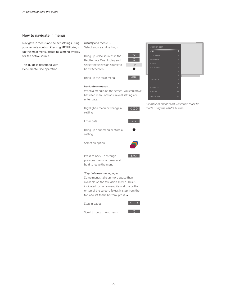 How to navigate in menus | Bang & Olufsen BeoVision Avant - User Guide User Manual | Page 9 / 82