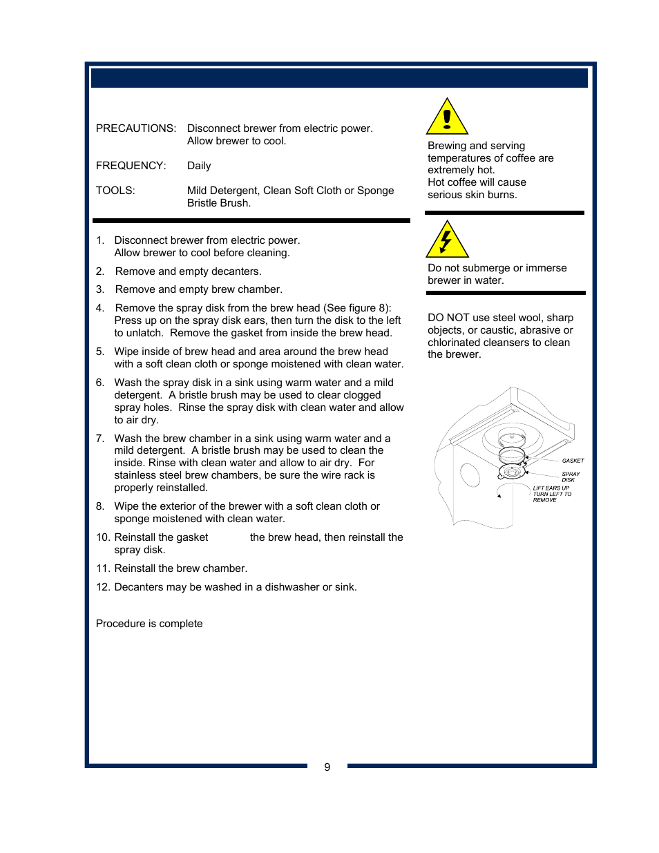 Procedure: clean coffee brewer, Caution | Bloomfield 8572 User Manual | Page 11 / 28