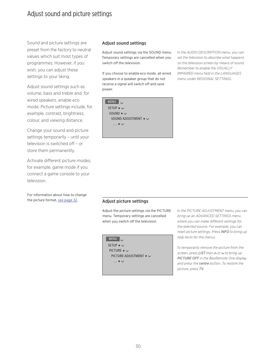 Adjust sound and picture settings, Adjust sound and picture settings, 30, Programmes and sources | Bang & Olufsen BeoVision Avant (No tuner) - User Guide User Manual | Page 30 / 60