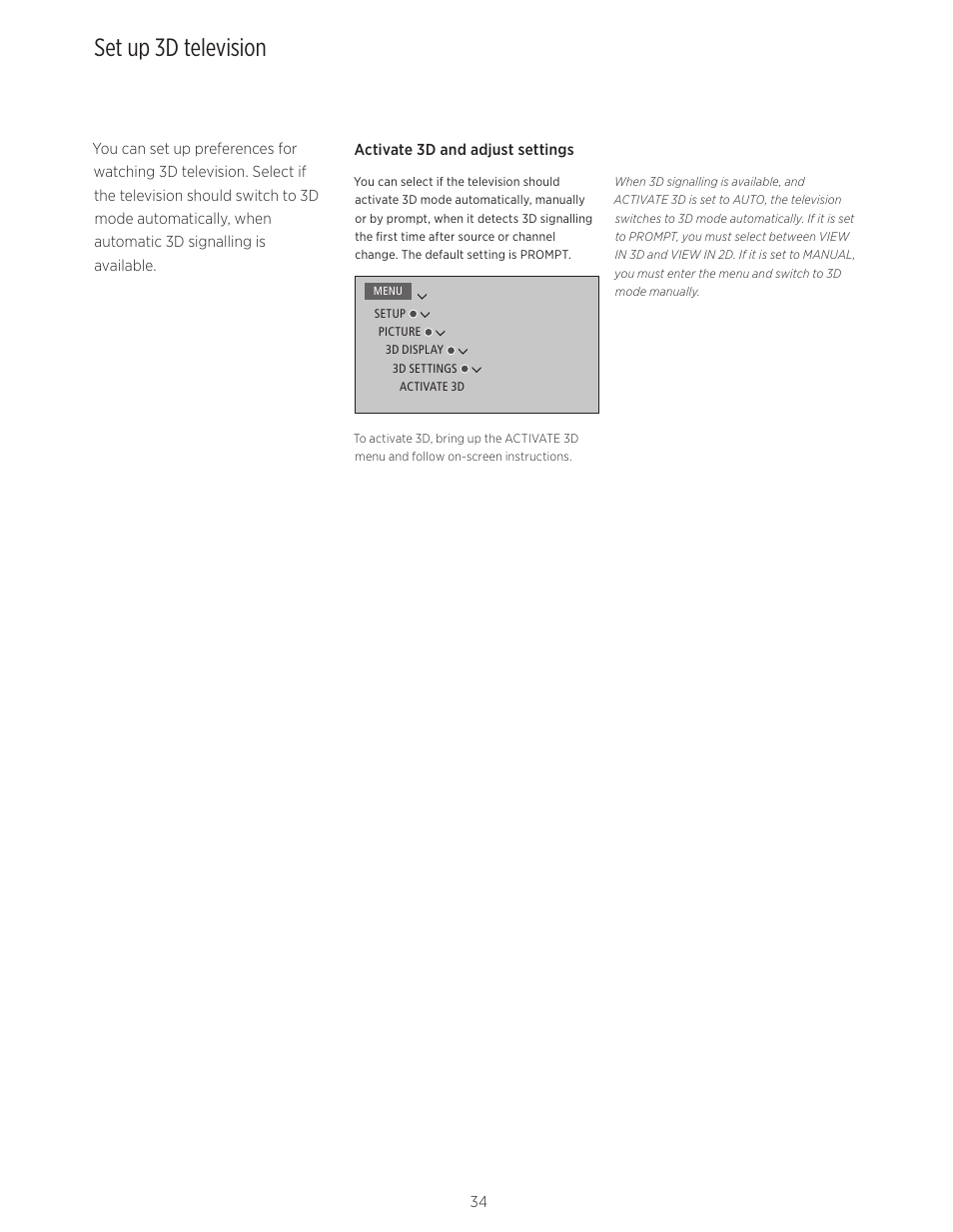 Set up 3d television | Bang & Olufsen BeoVision Avant (No tuner) - User Guide User Manual | Page 34 / 60