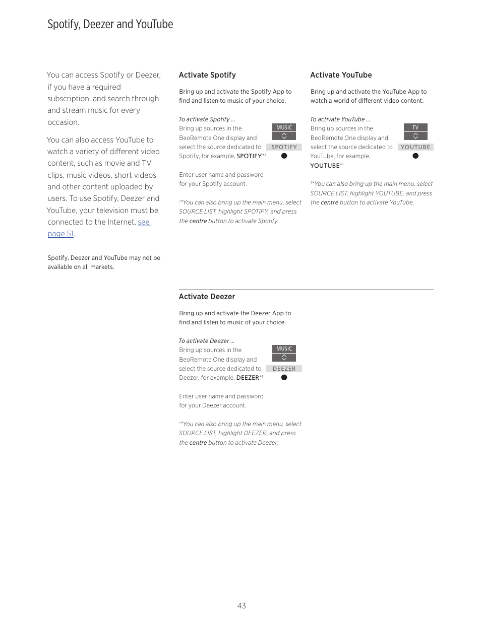 Spotify, deezer and youtube, Spotify, deezer and youtube, 43, Access spotify, deezer and youtube through | Bang & Olufsen BeoVision Avant (No tuner) - User Guide User Manual | Page 43 / 60