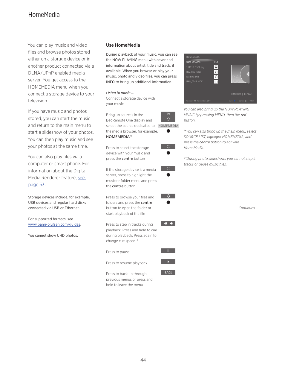 Homemedia, Use homemedia | Bang & Olufsen BeoVision Avant (No tuner) - User Guide User Manual | Page 44 / 60