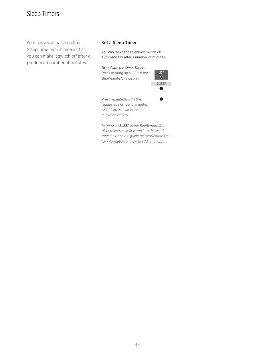 Sleep timers | Bang & Olufsen BeoVision Avant (No tuner) - User Guide User Manual | Page 47 / 60