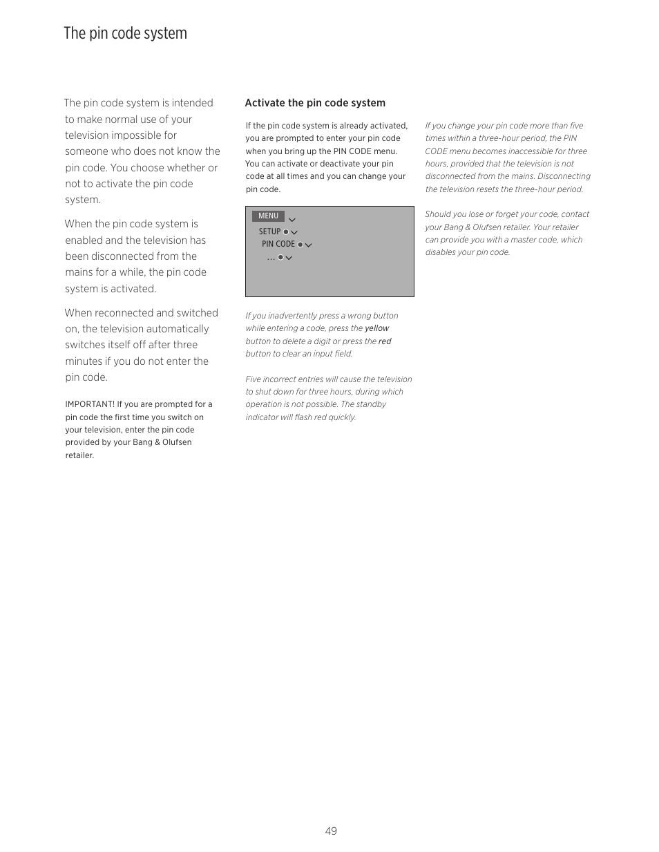 The pin code system, The pin code system, 49 | Bang & Olufsen BeoVision Avant (No tuner) - User Guide User Manual | Page 49 / 60