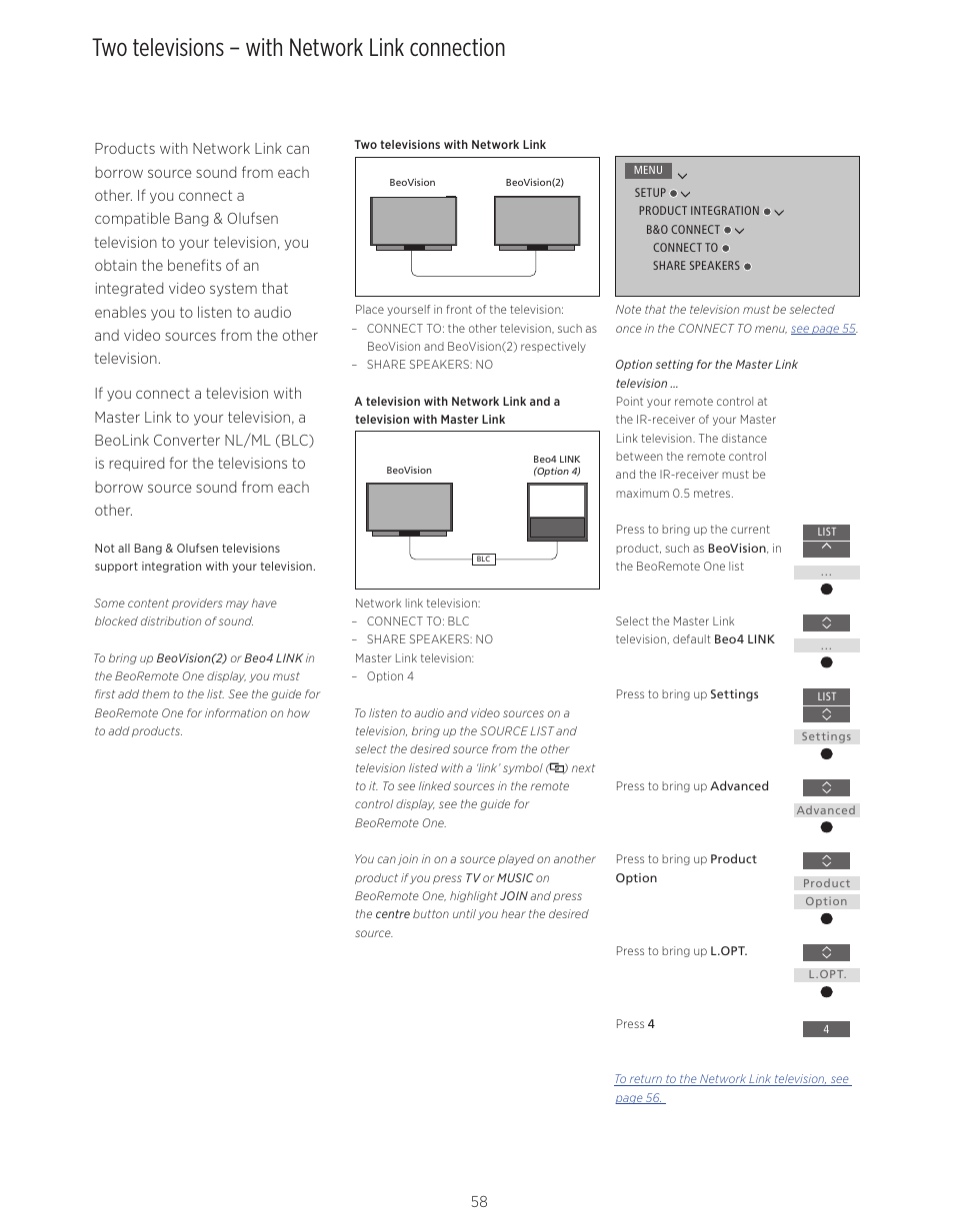 Two televisions – with network link connection, Two televisions – with network link, Connection, 58 | And 58 | Bang & Olufsen BeoVision Avant (No tuner) - User Guide User Manual | Page 58 / 60