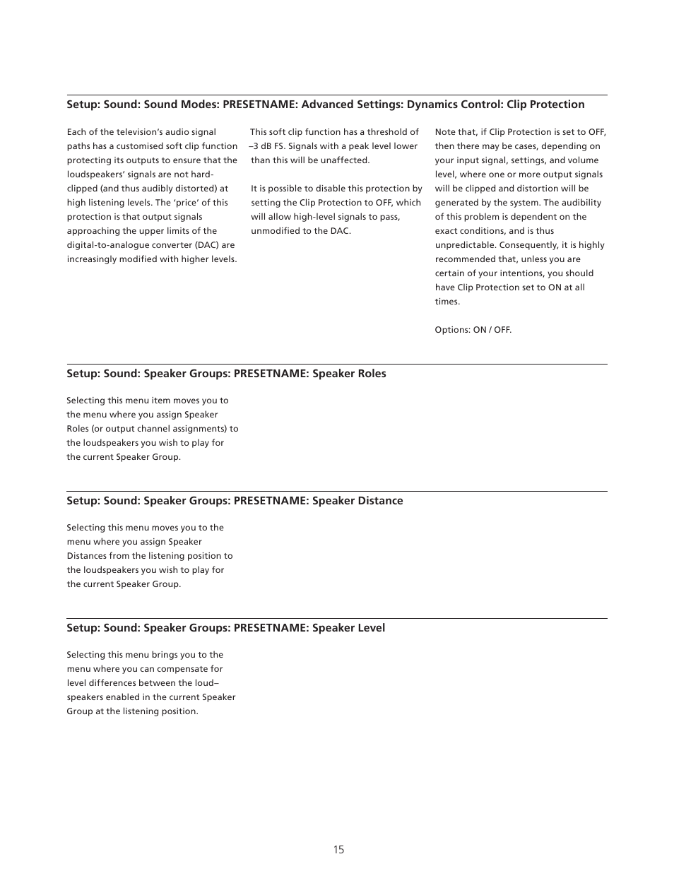 Speaker groups: presetname: speaker roles, Speaker groups: presetname: speaker distances, Speaker groups: presetname: speaker levels | Bang & Olufsen BeoVision Avant - Technical Sound Guide User Manual | Page 15 / 24