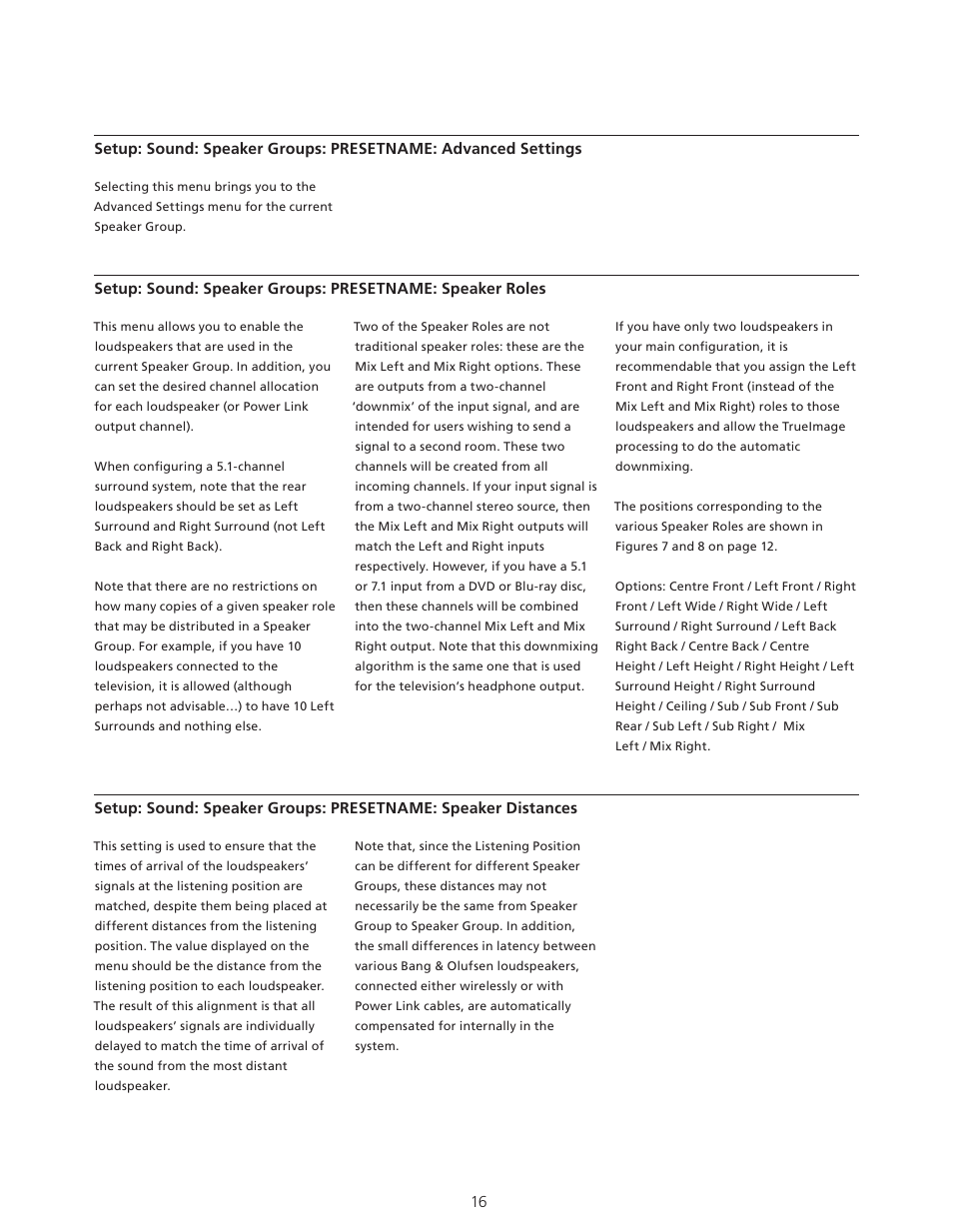 Speaker groups: presetname: advanced settings, Speaker groups: presetname: speaker roles, Speaker groups: presetname: speaker distances | Bang & Olufsen BeoVision Avant - Technical Sound Guide User Manual | Page 16 / 24