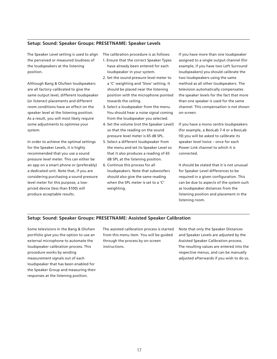 Speaker groups: presetname: speaker levels | Bang & Olufsen BeoVision Avant - Technical Sound Guide User Manual | Page 17 / 24