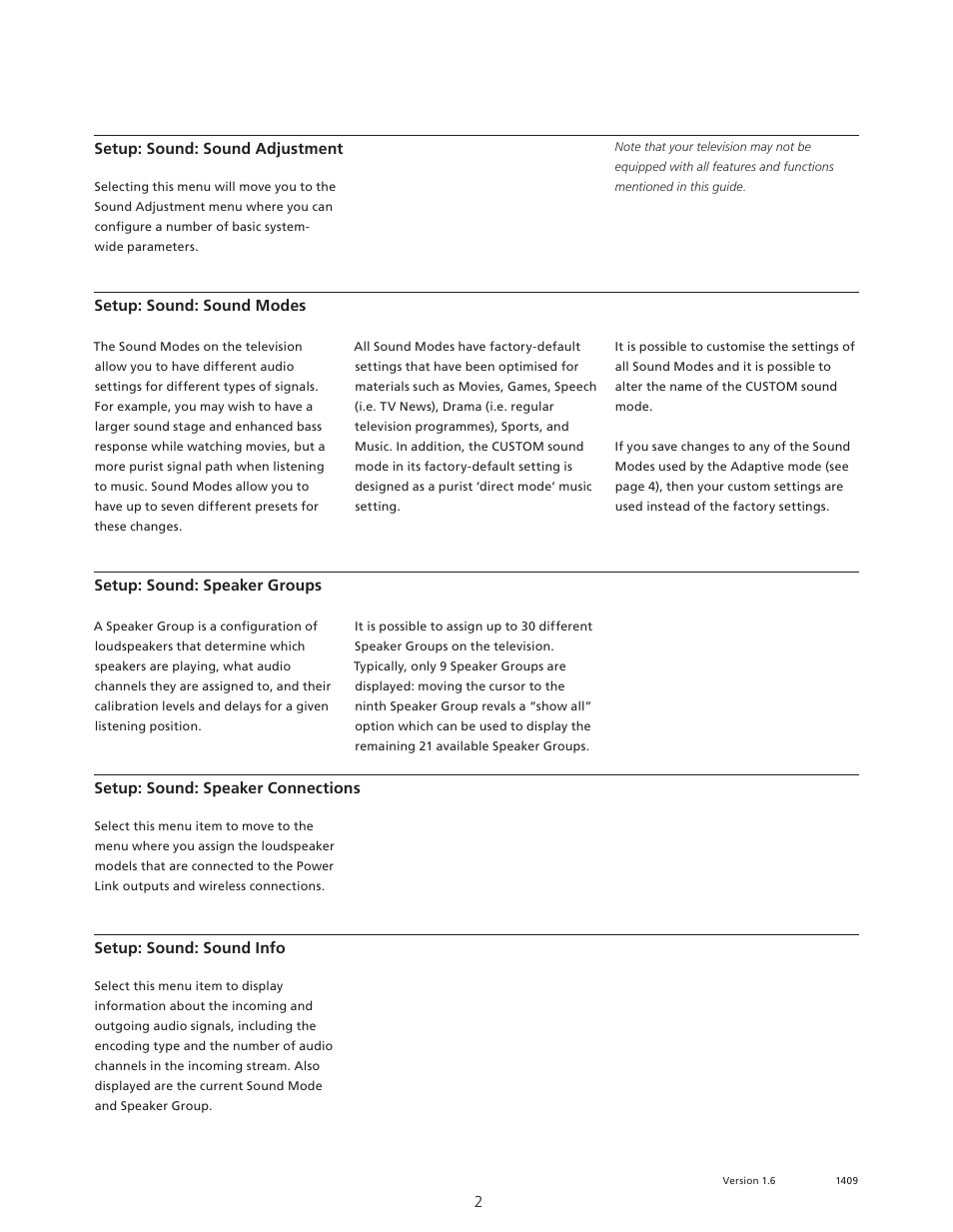 Sound: sound adjustment, Sound adjustment: volume, Sound adjustment: bass | Sound adjustment: treble, Sound adjustment: max volume, Sound adjustment: eco mode, Sound: sound modes, Sound: speaker groups, Sound: speaker connections, Sound: sound info | Bang & Olufsen BeoVision Avant - Technical Sound Guide User Manual | Page 2 / 24