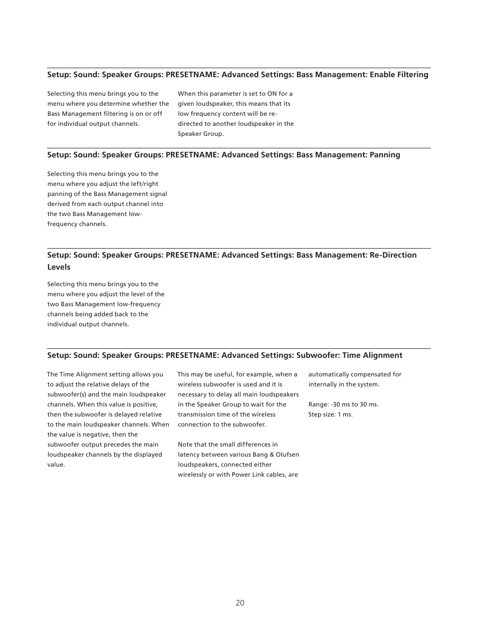 Advanced settings: bass management: panning, Advanced settings: subwoofer: time alignment | Bang & Olufsen BeoVision Avant - Technical Sound Guide User Manual | Page 20 / 24