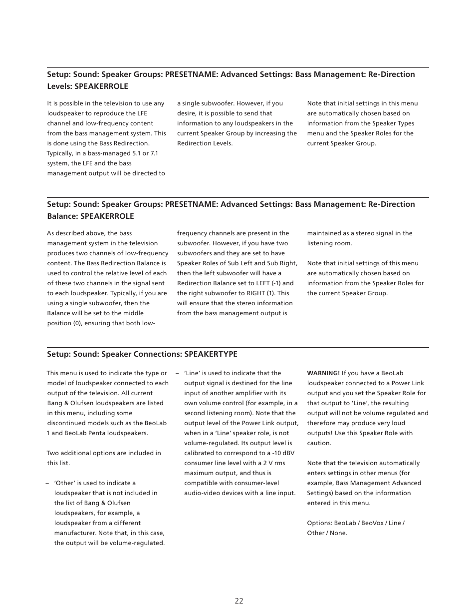 Re-direction levels: speakertype, Re-direction balance: speakertyp, Speaker connections: speakertype | Bang & Olufsen BeoVision Avant - Technical Sound Guide User Manual | Page 22 / 24