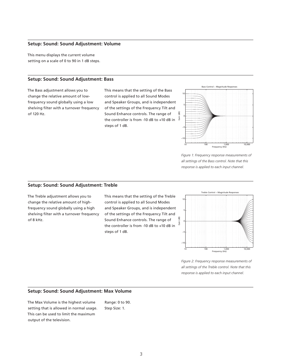 3setup: sound: sound adjustment: volume, Setup: sound: sound adjustment: max volume, Setup: sound: sound adjustment: bass | Setup: sound: sound adjustment: treble | Bang & Olufsen BeoVision Avant - Technical Sound Guide User Manual | Page 3 / 24