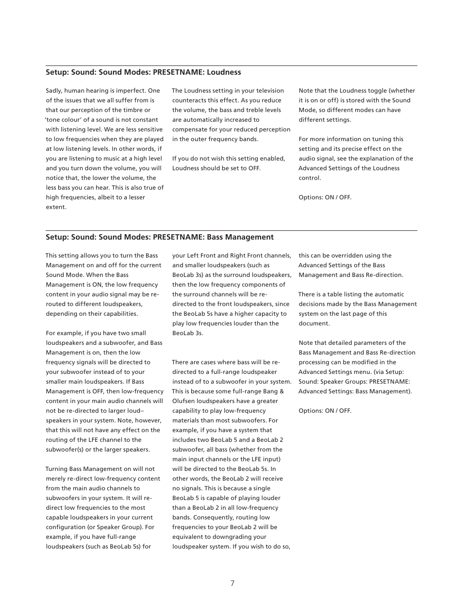 Sound modes: presetname: bass management, Sound modes: presetname: balance l/r | Bang & Olufsen BeoVision Avant - Technical Sound Guide User Manual | Page 7 / 24