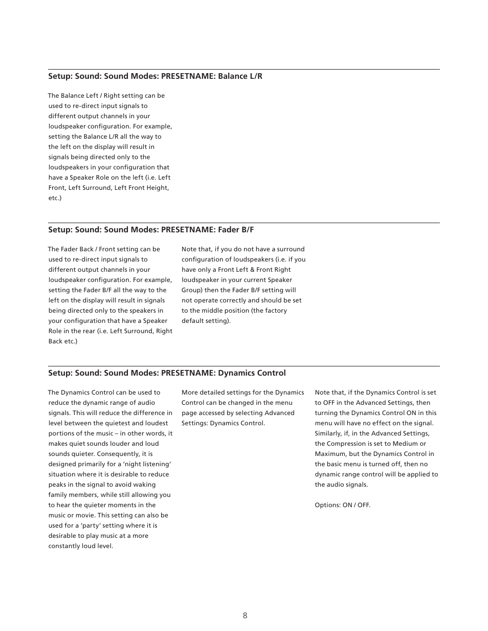 Sound modes: presetname: fader b/f, Sound modes: presetname: dynamics control | Bang & Olufsen BeoVision Avant - Technical Sound Guide User Manual | Page 8 / 24