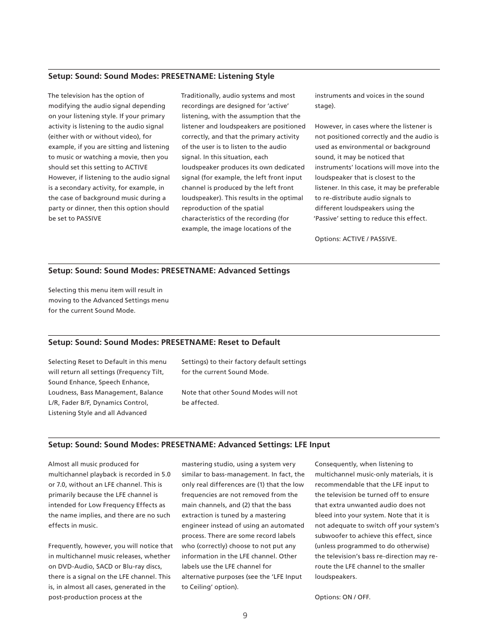 Sound modes: presetname: listening style, Sound modes: presetname: advanced settings, Sound modes: presetname: reset to default | Bang & Olufsen BeoVision Avant - Technical Sound Guide User Manual | Page 9 / 24