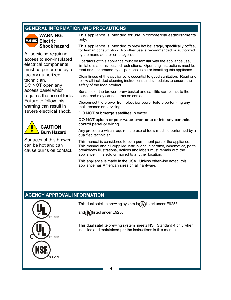 Warning: electric shock hazard, Agency approval information | Bloomfield 9421 (SS2-HE) User Manual | Page 6 / 28