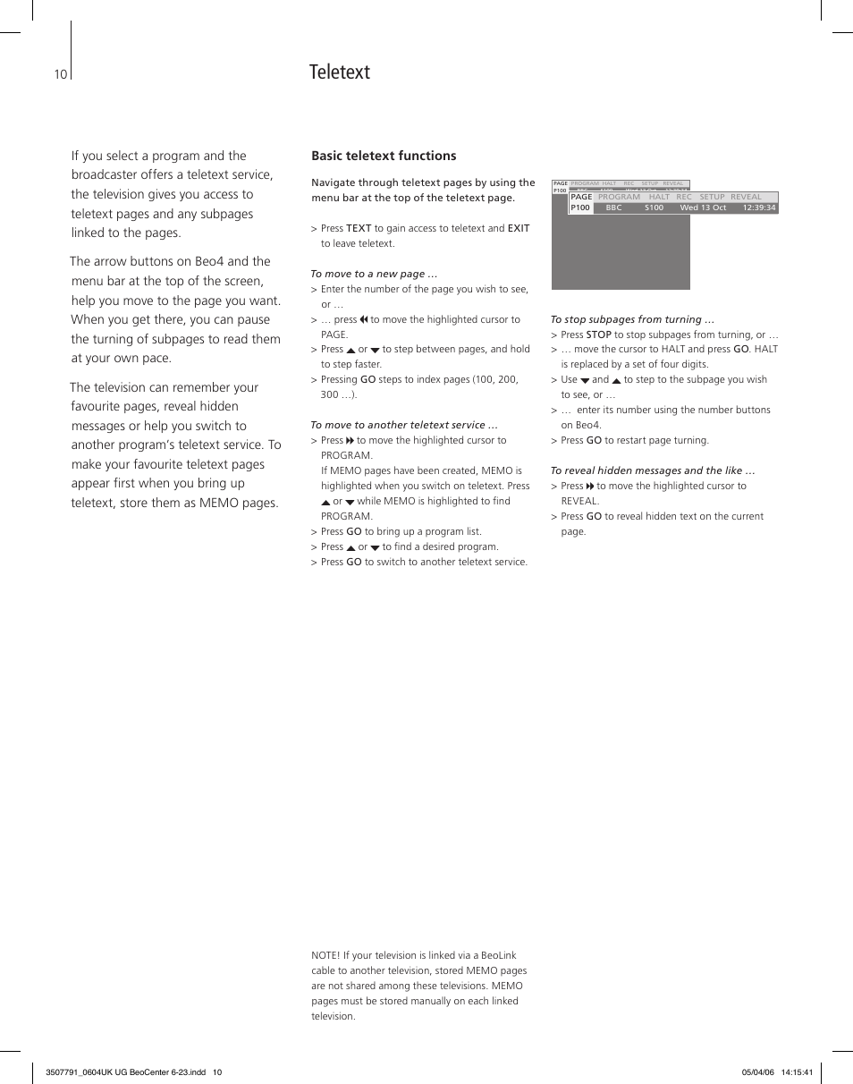 Teletext, Basic teletext functions | Bang & Olufsen BeoCenter 6-23 - User Guide User Manual | Page 10 / 20
