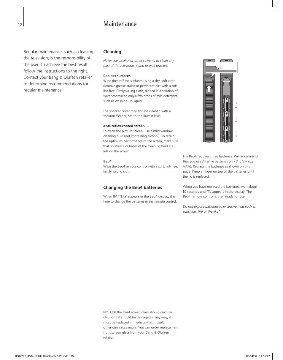 Maintenance, Cleaning, Changing the beo4 batteries | Bang & Olufsen BeoCenter 6-23 - User Guide User Manual | Page 18 / 20