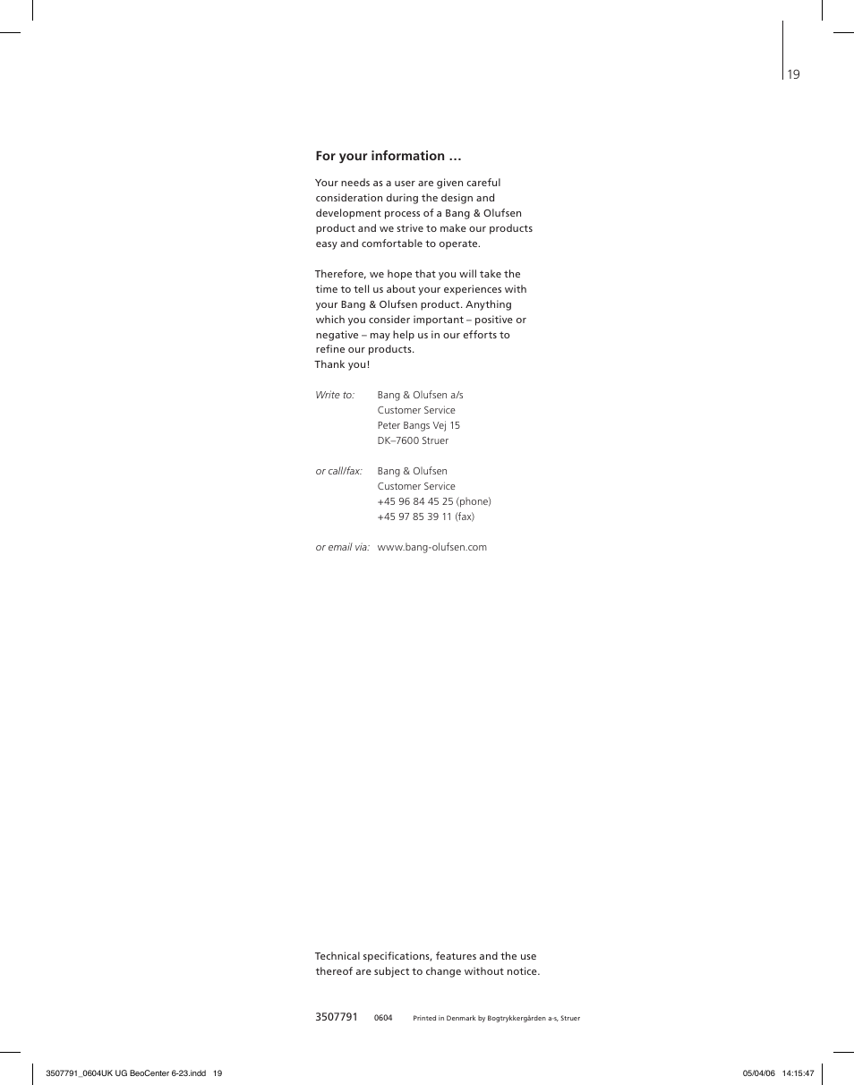 For your information | Bang & Olufsen BeoCenter 6-23 - User Guide User Manual | Page 19 / 20