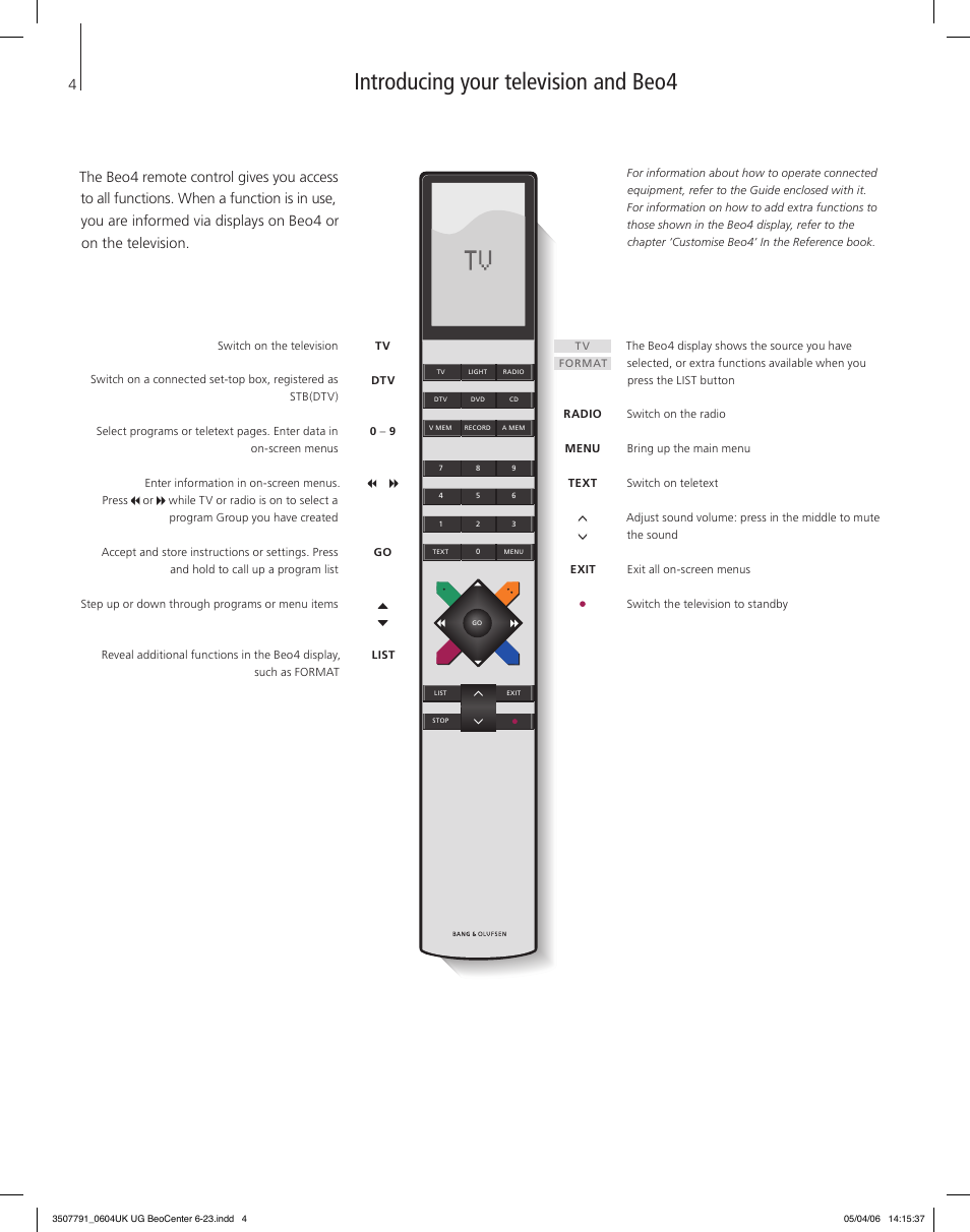 Introducing your television and beo4 | Bang & Olufsen BeoCenter 6-23 - User Guide User Manual | Page 4 / 20