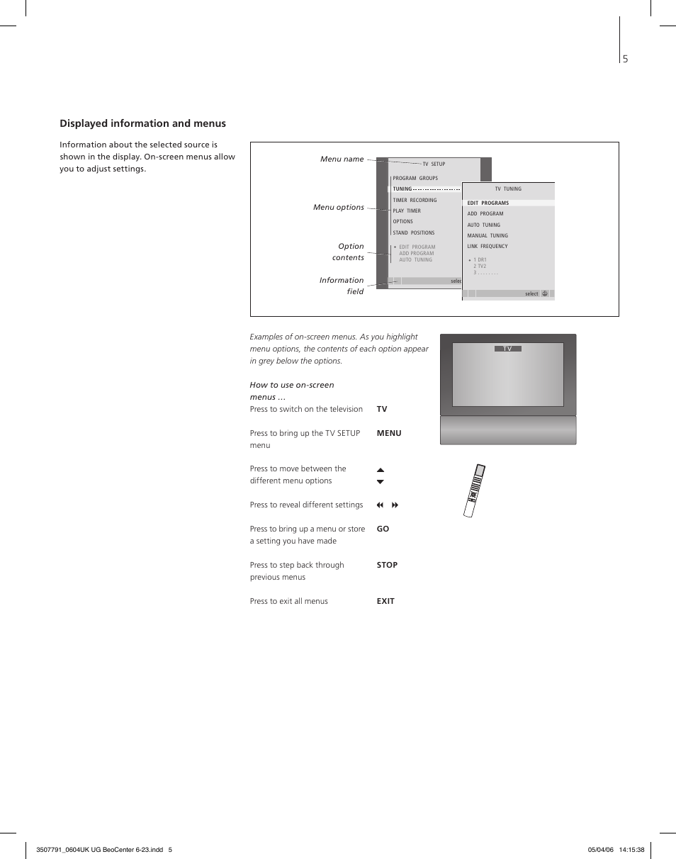 Displayed information and menus, 5displayed information and menus | Bang & Olufsen BeoCenter 6-23 - User Guide User Manual | Page 5 / 20