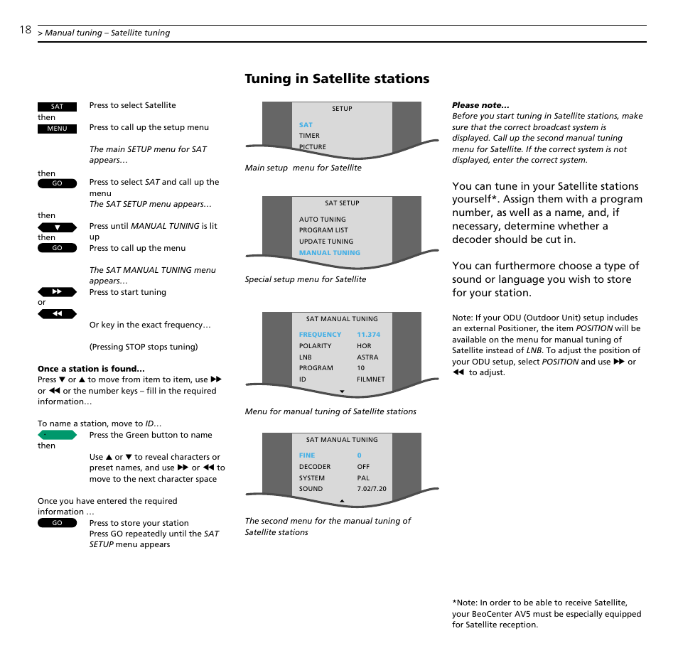 Tuning in satellite stations | Bang & Olufsen BeoCenter AV5 - User Guide User Manual | Page 18 / 56